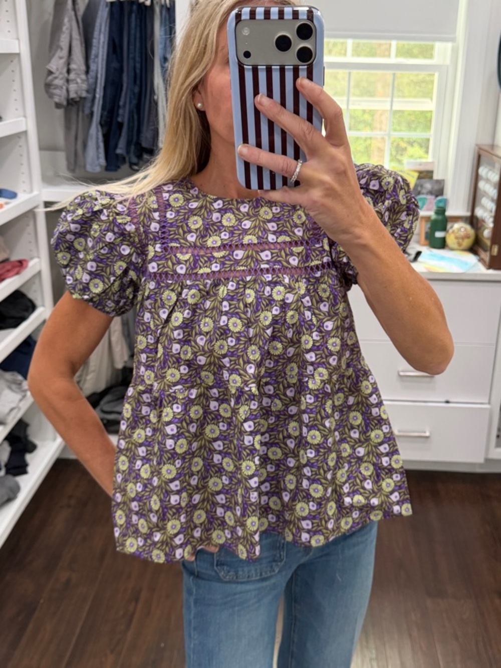 Avara Smocked Puff-Sleeve Floral Blouse in Purple